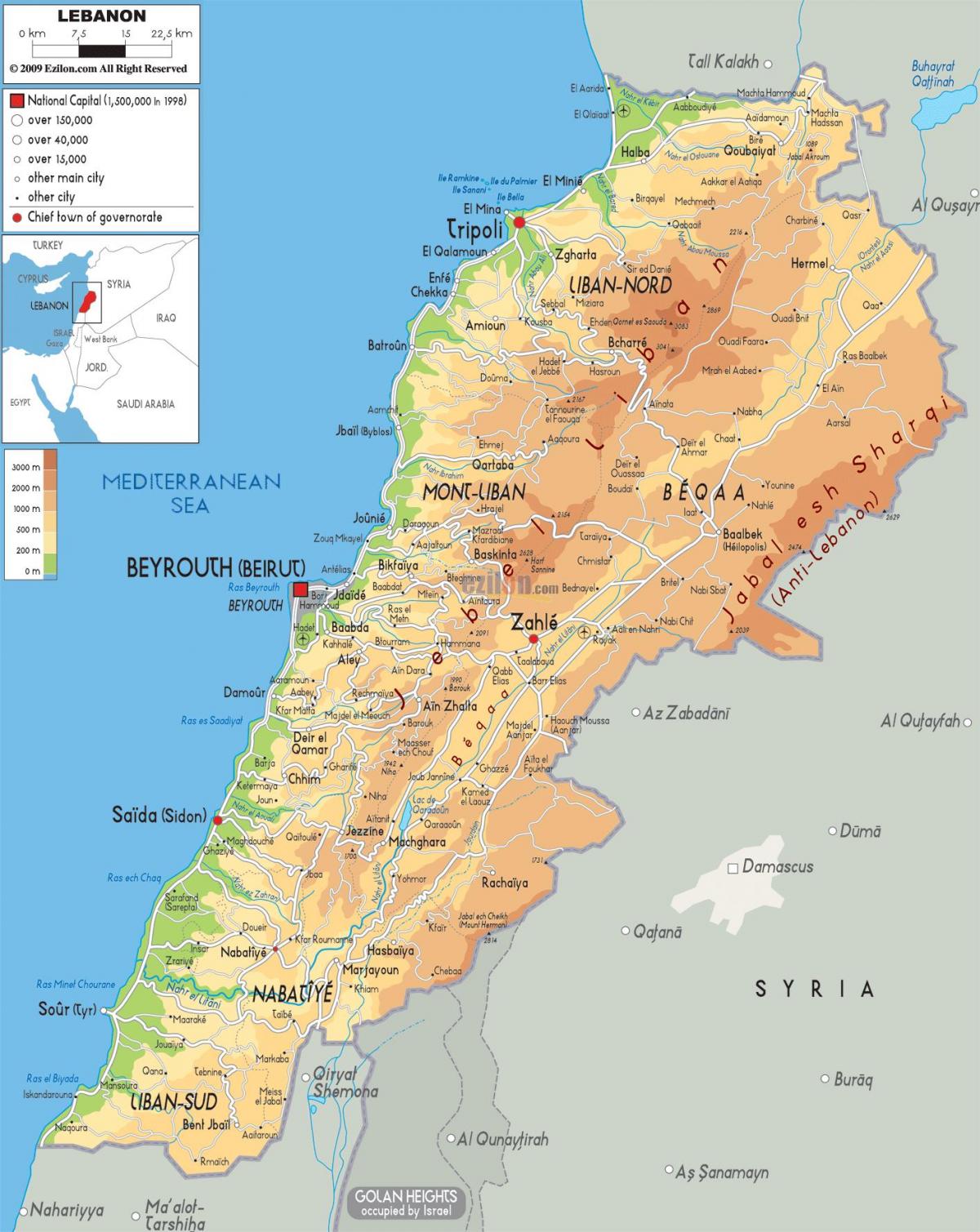 kaart Liibanoni füüsilise